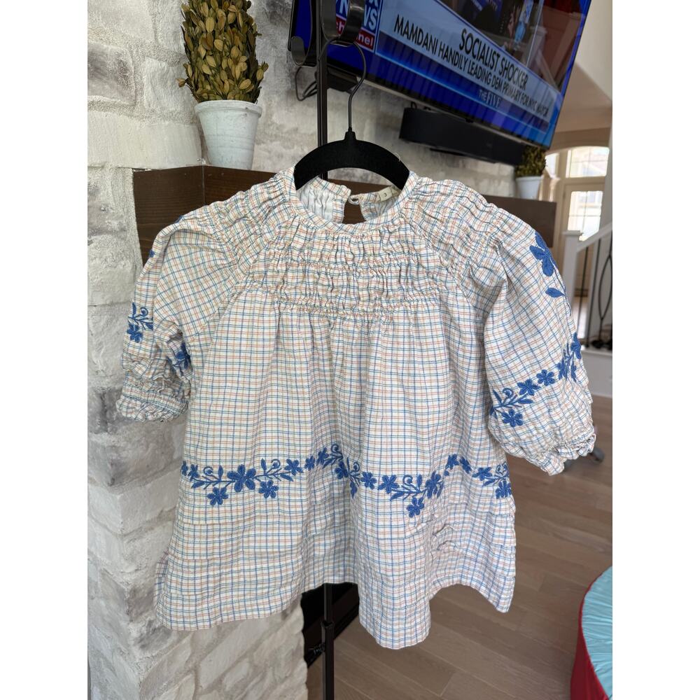 Lali Girls Blue Embroidered Elastic Neck Plaid Dress Size 3